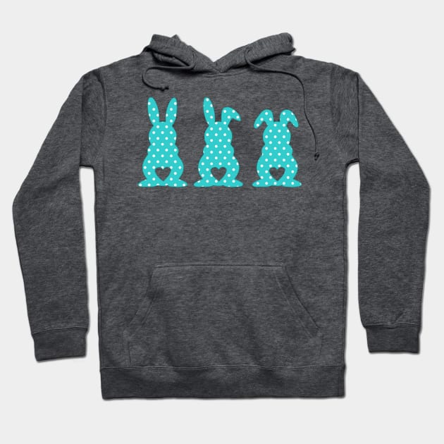 Three Easter Bunnies with Heart Shaped Tails Blue Polkadots Hoodie by deelirius8